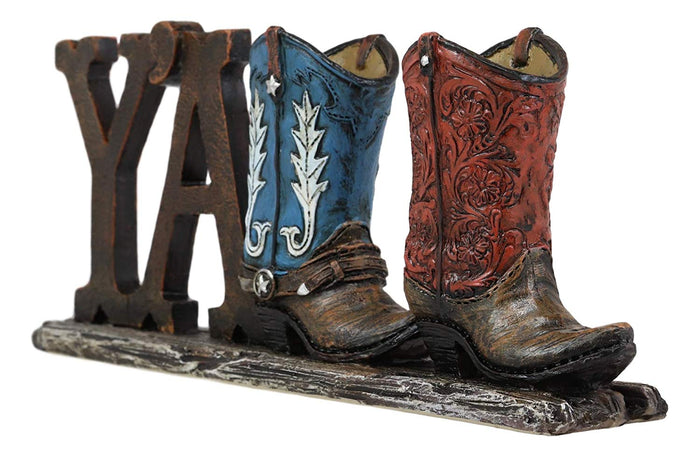 Ebros Gift Ebros Gift 10.25"Long Rustic Western Southwestern Y'all Sign In Tooled Faux Leather Cowboy Boots Resin Desktop Plaque Decorative Figurine Table Shelf