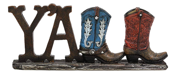 Ebros Gift Ebros Gift 10.25"Long Rustic Western Southwestern Y'all Sign In Tooled Faux Leather Cowboy Boots Resin Desktop Plaque Decorative Figurine Table Shelf