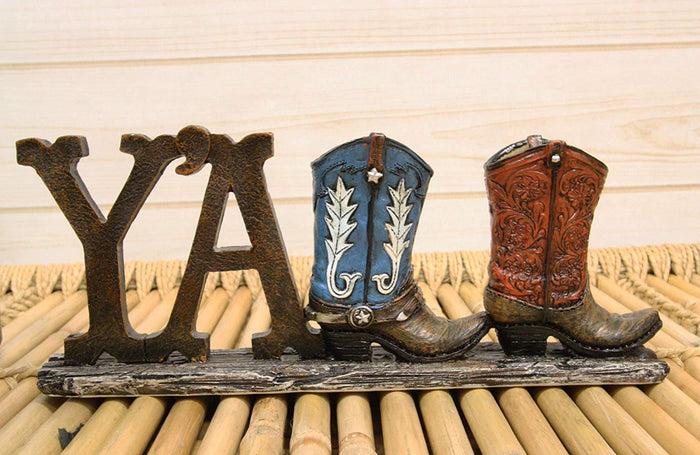 ebros gift Ebros Gift 10.25"Long Rustic Western Southwestern Y'all Sign In Tooled Faux Leather Cowboy Boots Resin Desktop Plaque Decorative Figurine Table Shelf