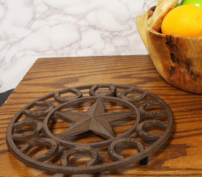 Ebros Gift Ebros Gift 10" Diameter Western Lone Star With Horseshoes Border Cast Iron Metal Round Trivet