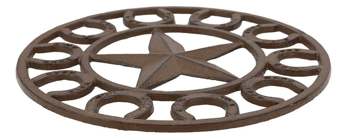 Ebros Gift Ebros Gift 10" Diameter Western Lone Star With Horseshoes Border Cast Iron Metal Round Trivet