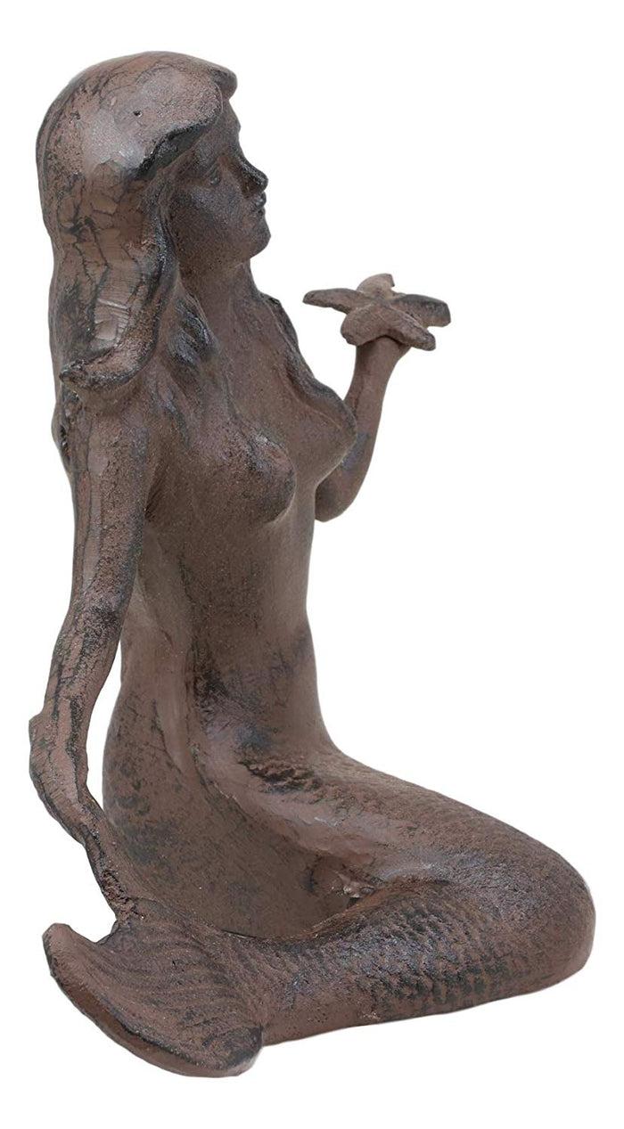 Ebros Gift Ebros Gift 11.5" Tall Cast Iron Large Nautical Siren Mermaid Holding Starfish Vintage Statue Ocean Goddess Princess Coastal Beach Under The Sea Mermaids Decorative Accent (Rust Bronze)