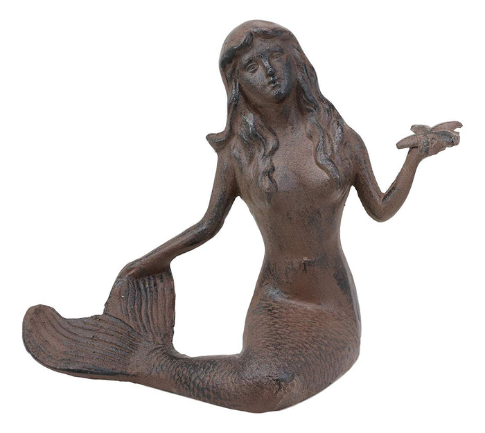 ebros gift Ebros Gift 11.5" Tall Cast Iron Large Nautical Siren Mermaid Holding Starfish Vintage Statue Ocean Goddess Princess Coastal Beach Under The Sea Mermaids Decorative Accent (Rust Bronze)