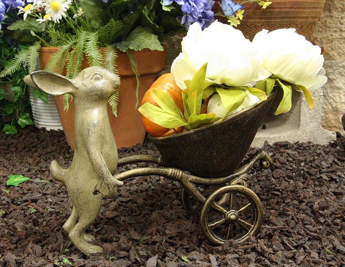 ebros gift Ebros Gift 12" Long Aluminum Rustic Whimsical Bunny Rabbit Pushing Wheelbarrow Cart Flowers Or Plants Planter Garden Statue Or As Wine Bottle Holder Valet Decorative Rabbits Accent Decor