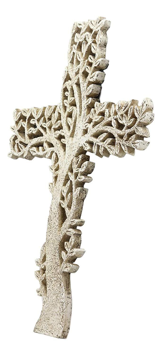 Ebros Gift Ebros Gift 12" Tall Faux Stone Rustic Western Tree Of Life Filigree Lace Design Wall Cross Decor Hanging Resin Sculpture Catholic Christian Country Cabin Lodge Accent Decorative Crosses