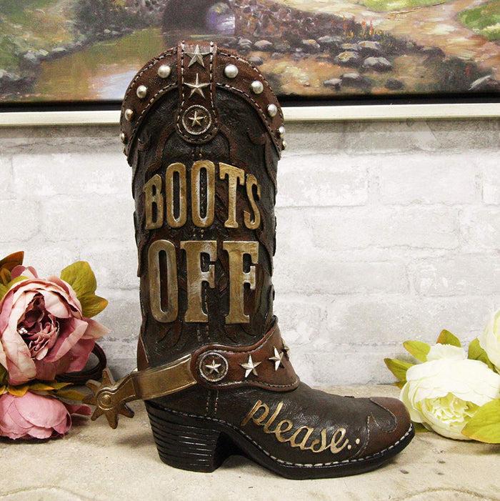 ebros gift Ebros Gift 13" Tall Rustic Western Brown Cowboy Boot With Spur And Western Stars In Tooled Leather Design Decorative Figurine Courtesy Sign 'Boots Off Please' For Home Entrance Mudroom Backyard Patio