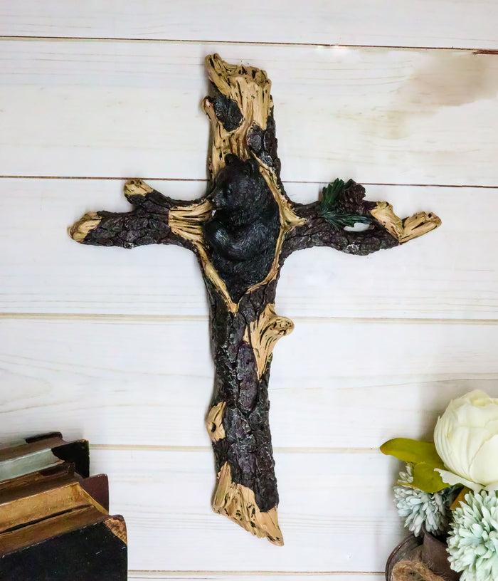 Ebros Gift Ebros Gift 14.25" H Rustic Black Bear Cub Sleeping On Pine Tree Wall Cross Decor