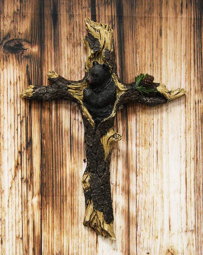 ebros gift Ebros Gift 14.25" H Rustic Black Bear Cub Sleeping On Pine Tree Wall Cross Decor