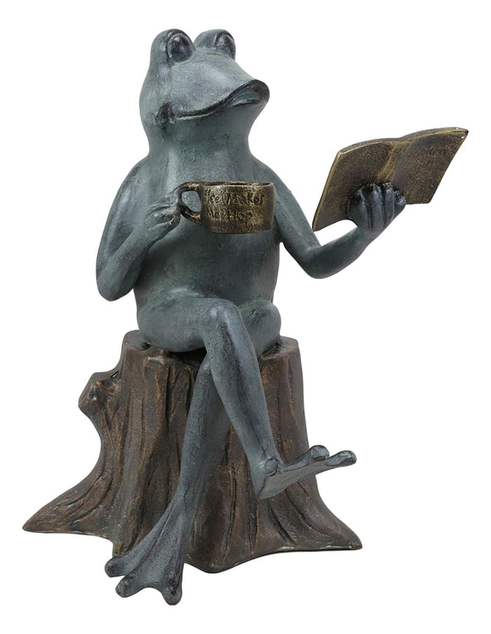 Ebros Gift Ebros Gift 15" Tall Aluminum Metal Whimsical Bookworm Frog With Coffee Mug Cup Sitting On Tree Stump Garden Statue