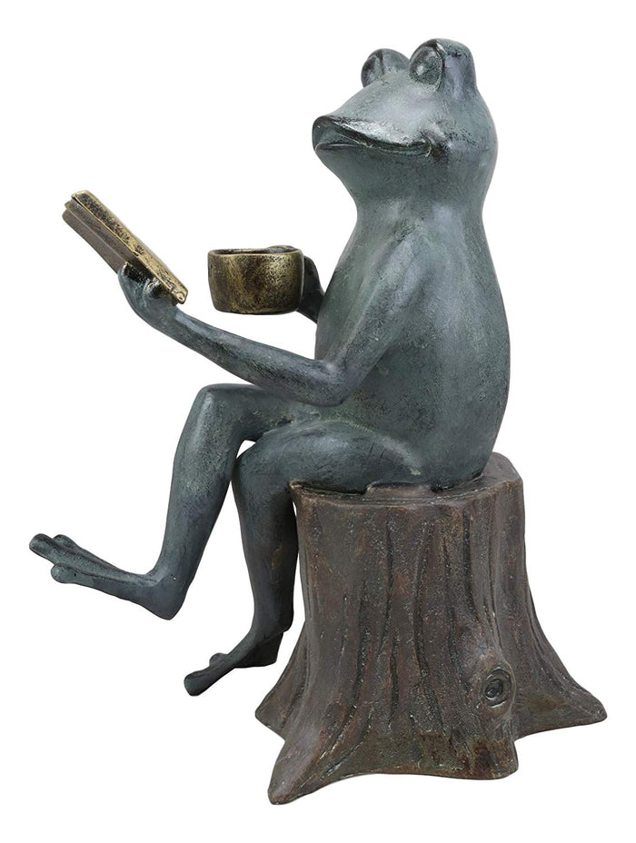 Ebros Gift Ebros Gift 15" Tall Aluminum Metal Whimsical Bookworm Frog With Coffee Mug Cup Sitting On Tree Stump Garden Statue