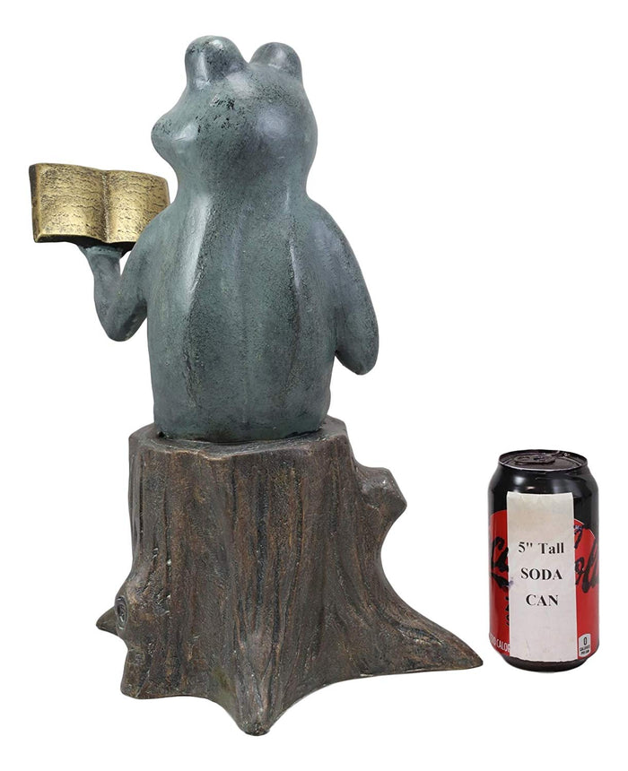 Ebros Gift Ebros Gift 15" Tall Aluminum Metal Whimsical Bookworm Frog With Coffee Mug Cup Sitting On Tree Stump Garden Statue
