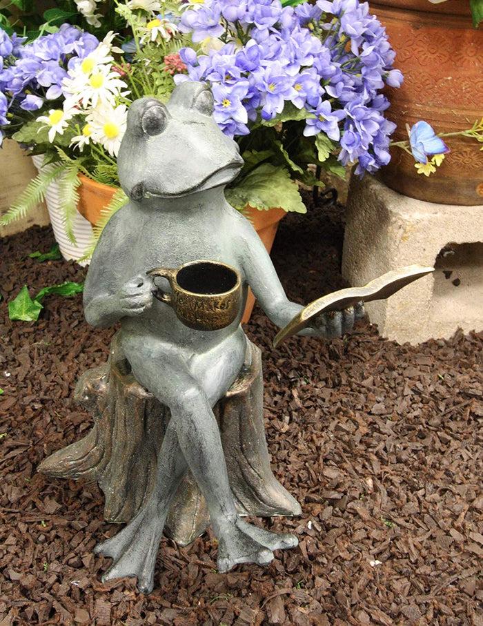 ebros gift Ebros Gift 15" Tall Aluminum Metal Whimsical Bookworm Frog With Coffee Mug Cup Sitting On Tree Stump Garden Statue