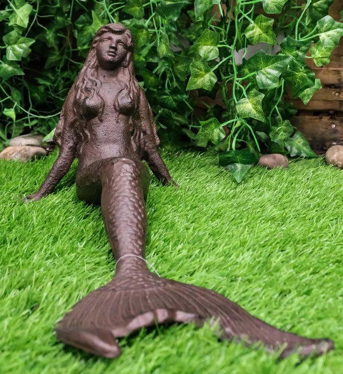 ebros gift Ebros Gift 16.25" Long Nautical Siren Mermaid Leaning Back Cast Iron Rustic Vintage Finish Shelf Sitter Statue Ocean Goddess Princess Coastal Beach Under The Sea Mermaids Decorative Accent