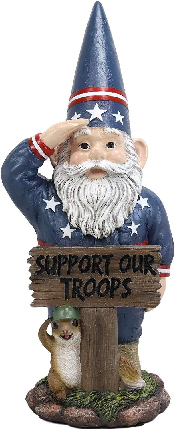 Ebros Gift Ebros Gift 17" Tall Americana USA Patriotic Gnome With Pet Squirrel In Military Salute Statue With Support Our Troops Sign American Flag Uniform Druid Dwarf Home Garden Patio Lawn Figurine