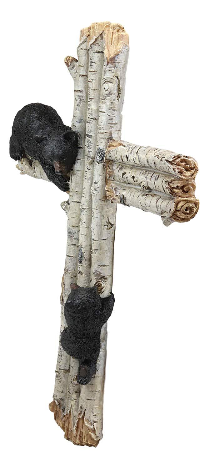 Ebros Gift Ebros Gift 17" Tall Large Rustic Western 2 Playful Climbing Black Bears On Birch Tree Wall Cross Decor Hanging Sculpture Catholic Christian Country Bear Cubs Cabin Lodge Accent Decorative Crosses