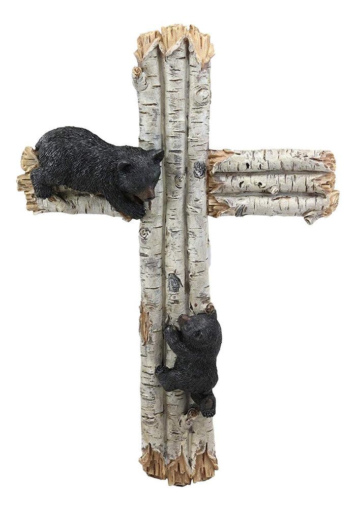 Ebros Gift Ebros Gift 17" Tall Large Rustic Western 2 Playful Climbing Black Bears On Birch Tree Wall Cross Decor Hanging Sculpture Catholic Christian Country Bear Cubs Cabin Lodge Accent Decorative Crosses