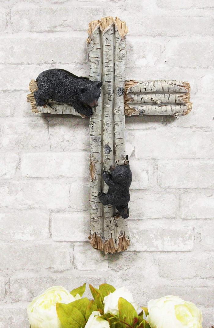 ebros gift Ebros Gift 17" Tall Large Rustic Western 2 Playful Climbing Black Bears On Birch Tree Wall Cross Decor Hanging Sculpture Catholic Christian Country Bear Cubs Cabin Lodge Accent Decorative Crosses