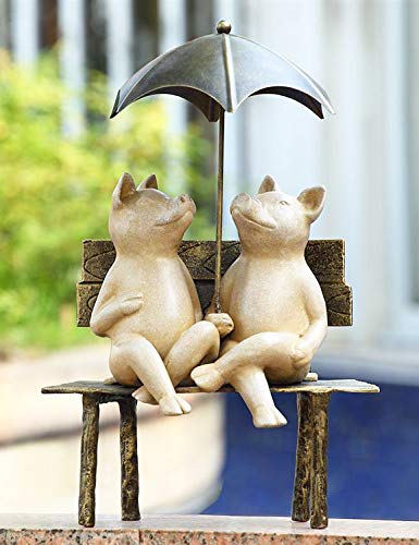 ebros gift Ebros Gift 19" Tall Aluminum Metal Romance in The Rain Pig Couple Sitting On Park Bench with Umbrella Garden Statue Pigs Patio Pool Pond Lawn Yard Country Farm Decorative Rustic Sculpture Accent