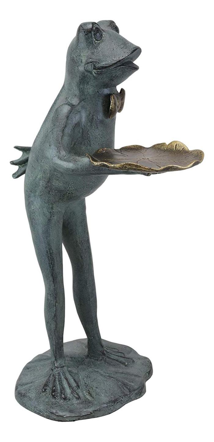 Ebros Gift Ebros Gift 20" Tall Aluminum Rustic Whimsical Green Frog With Bow Tie Waiter Butler Garden Side Tray Table Or Bird Feeder Statue Decorative Frogs And Toads Zen Feng Shui Accent Decor