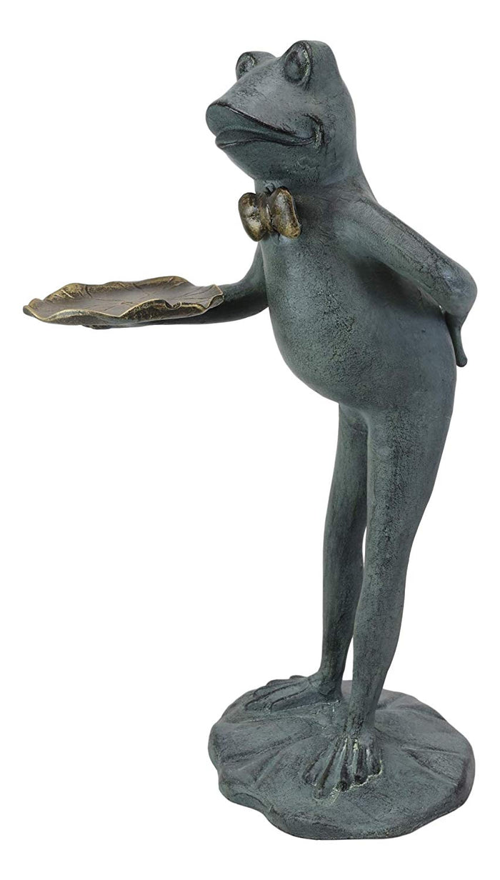 Ebros Gift Ebros Gift 20" Tall Aluminum Rustic Whimsical Green Frog With Bow Tie Waiter Butler Garden Side Tray Table Or Bird Feeder Statue Decorative Frogs And Toads Zen Feng Shui Accent Decor