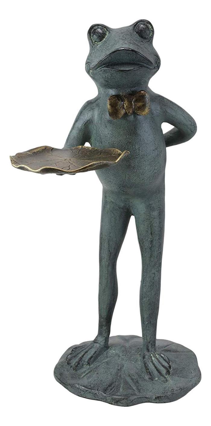 Ebros Gift Ebros Gift 20" Tall Aluminum Rustic Whimsical Green Frog With Bow Tie Waiter Butler Garden Side Tray Table Or Bird Feeder Statue Decorative Frogs And Toads Zen Feng Shui Accent Decor