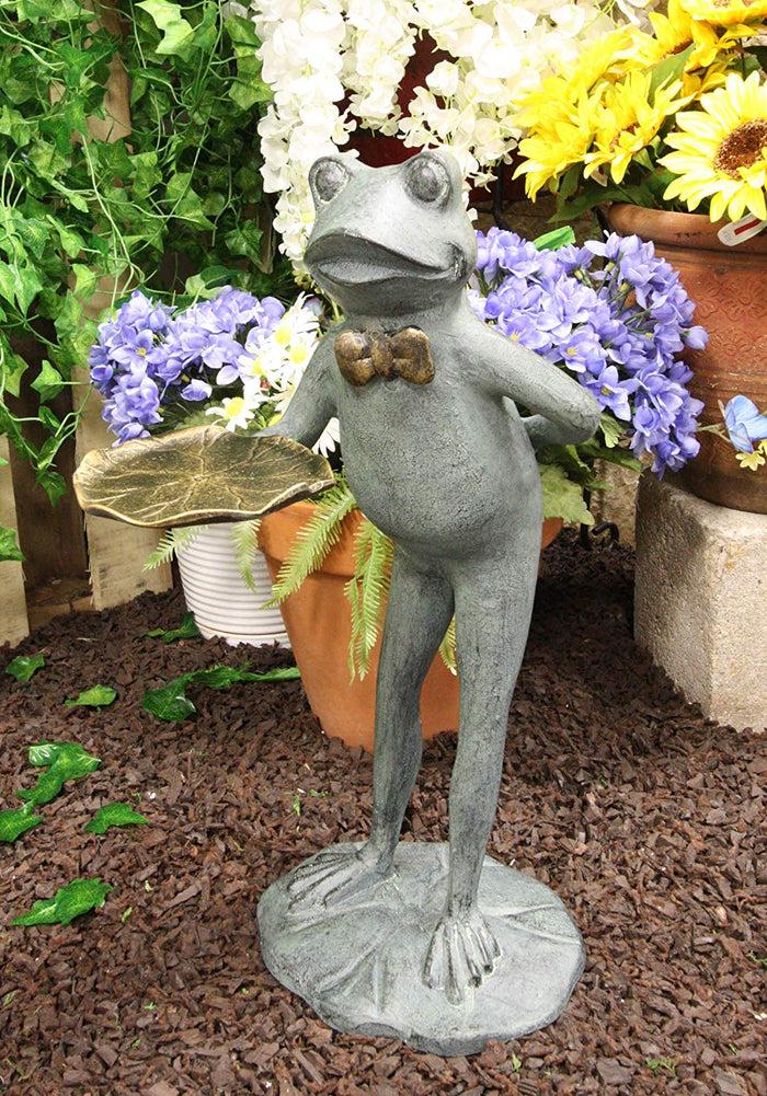 ebros gift Ebros Gift 20" Tall Aluminum Rustic Whimsical Green Frog with Bow Tie Waiter Butler Garden Side Tray Table Or Bird Feeder Statue Decorative Frogs and Toads Zen Feng Shui Accent Decor