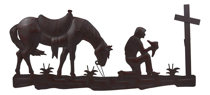 Ebros Gift Ebros Gift 21" Wide Wild West Kneeling Cowboy With Horse In Solemn Prayer By The Cross Metal Aluminum Wall 3D Art Sign Plaque Inspirational Vintage Western Country Decor Sculpture
