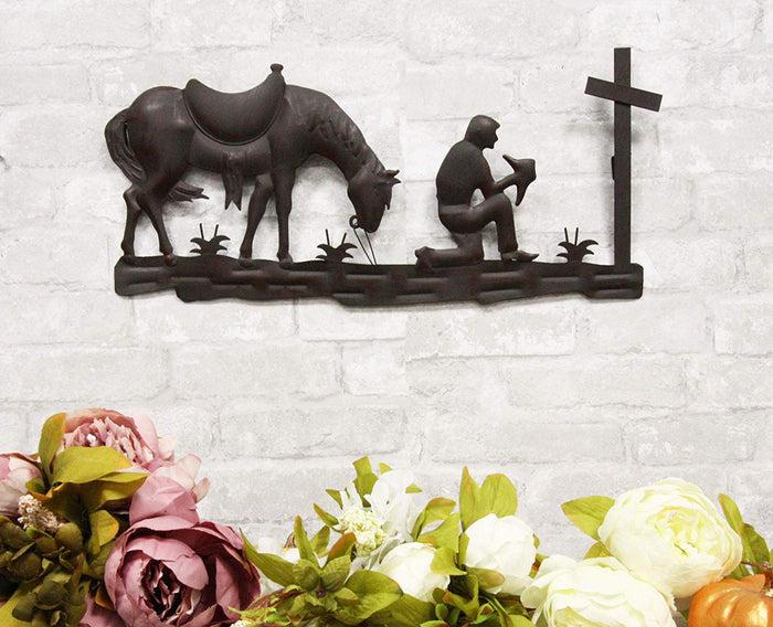ebros gift Ebros Gift 21" Wide Wild West Kneeling Cowboy with Horse in Solemn Prayer by The Cross Metal Aluminum Wall 3D Art Sign Plaque Inspirational Vintage Western Country Decor Sculpture