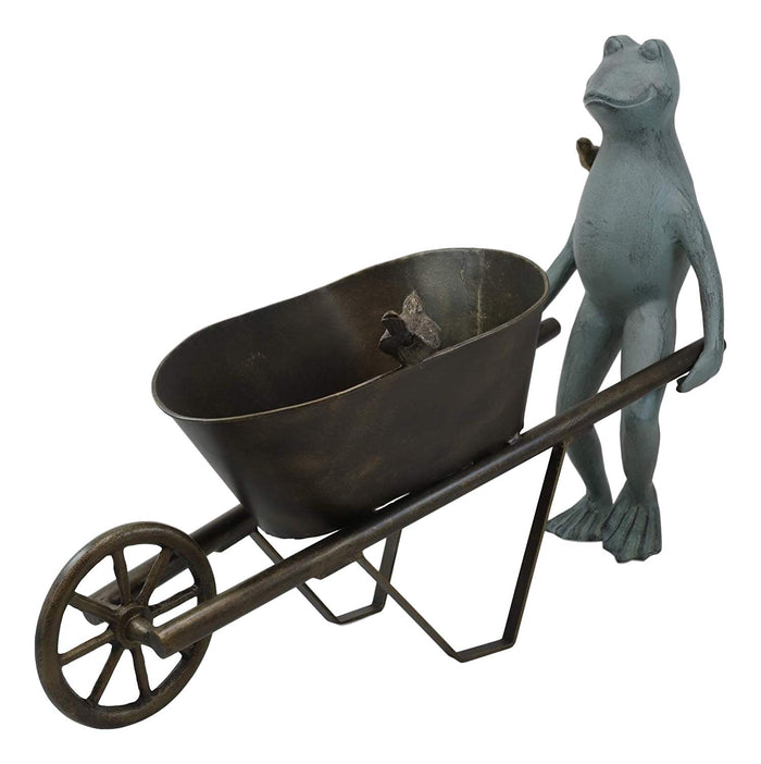 Ebros Gift Ebros Gift 24" Wide Aluminum Rustic Whimsical Gardening Green Frog With Birds Pushing Wheelbarrow Cart Flowers Or Plants Planter Garden Statue Decorative Frogs And Toads Accent Decor