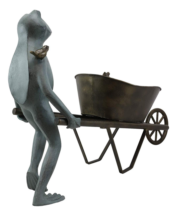 Ebros Gift Ebros Gift 24" Wide Aluminum Rustic Whimsical Gardening Green Frog With Birds Pushing Wheelbarrow Cart Flowers Or Plants Planter Garden Statue Decorative Frogs And Toads Accent Decor