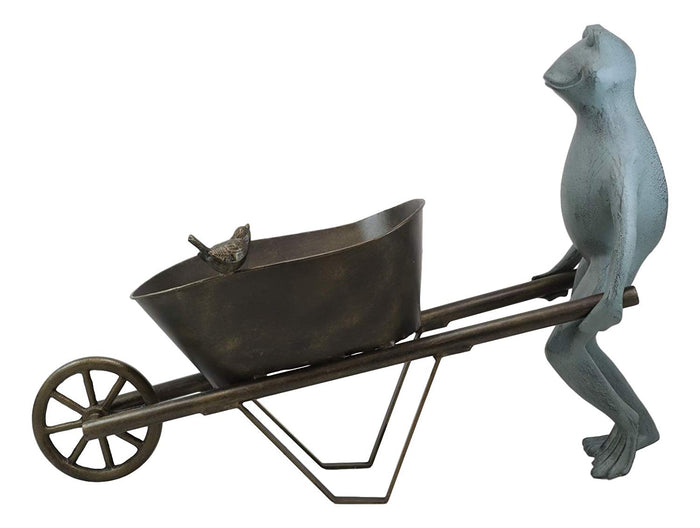 Ebros Gift Ebros Gift 24" Wide Aluminum Rustic Whimsical Gardening Green Frog With Birds Pushing Wheelbarrow Cart Flowers Or Plants Planter Garden Statue Decorative Frogs And Toads Accent Decor