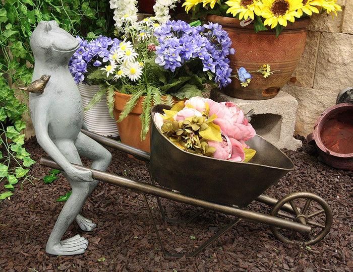 ebros gift Ebros Gift 24" Wide Aluminum Rustic Whimsical Gardening Green Frog with Birds Pushing Wheelbarrow Cart Flowers Or Plants Planter Garden Statue Decorative Frogs and Toads Accent Decor