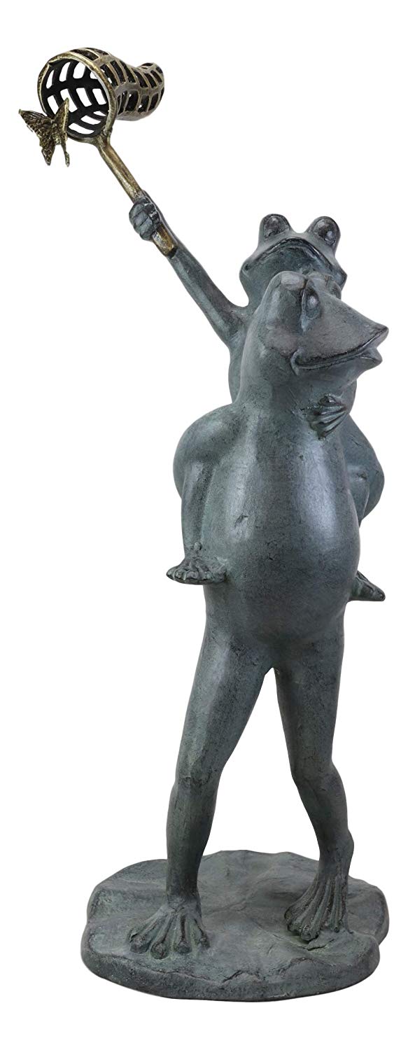 Ebros Gift Ebros Gift 25.25" Tall Aluminum Metal Whimsical Father And Son Frog Family With Net Chasing Butterfly Garden Statue Frogs Patio Pool Pond Lawn Yard Decorative Sculpture Feng Shui Zen Accent
