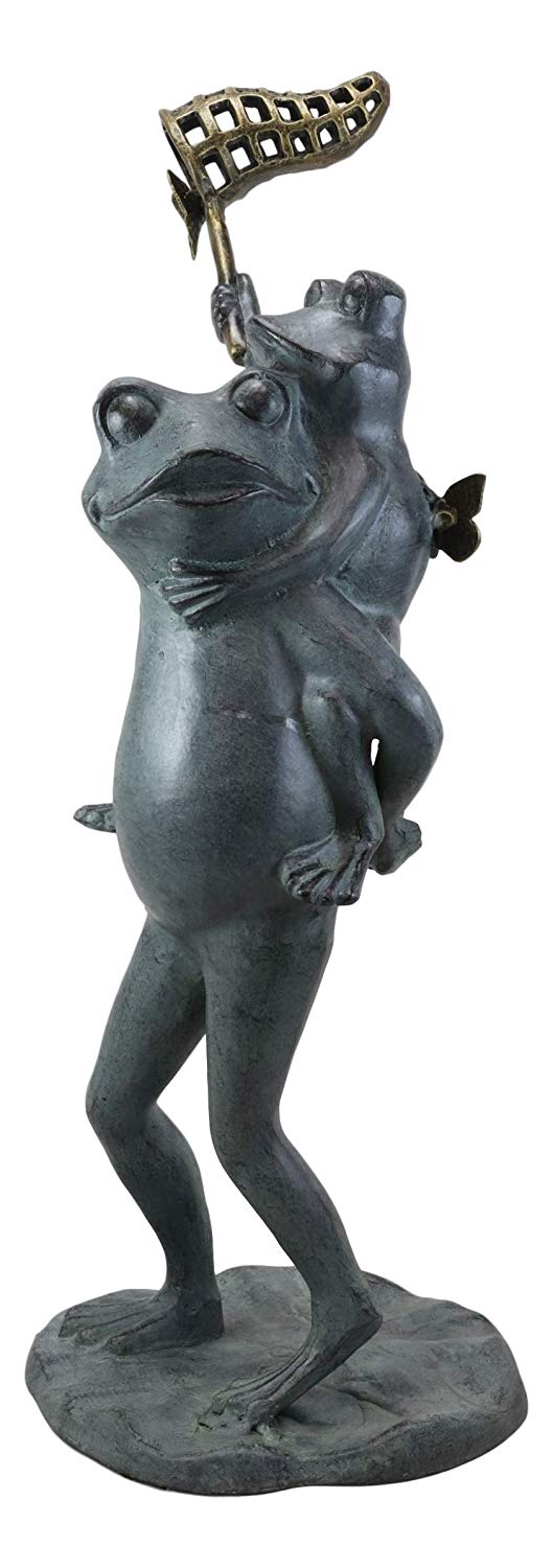 Ebros Gift Ebros Gift 25.25" Tall Aluminum Metal Whimsical Father And Son Frog Family With Net Chasing Butterfly Garden Statue Frogs Patio Pool Pond Lawn Yard Decorative Sculpture Feng Shui Zen Accent