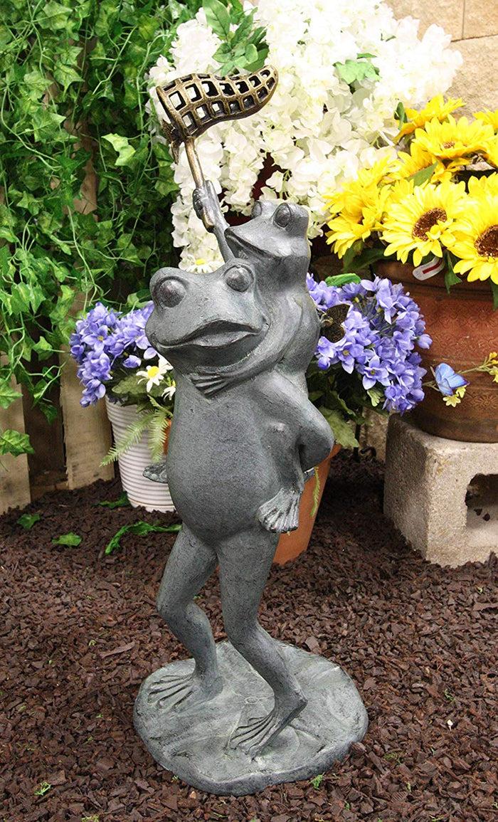 ebros gift Ebros Gift 25.25" Tall Aluminum Metal Whimsical Father and Son Frog Family with Net Chasing Butterfly Garden Statue Frogs Patio Pool Pond Lawn Yard Decorative Sculpture Feng Shui Zen Accent