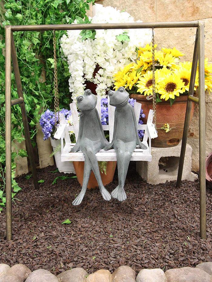 ebros gift Ebros Gift 27.5" Tall Aluminum Metal Whimsical Love is in The Air Frog Couple Sitting On Porch Swing Garden Statue Frogs Patio Pool Pond Lawn Yard Decorative Sculpture Feng Shui Zen Accent