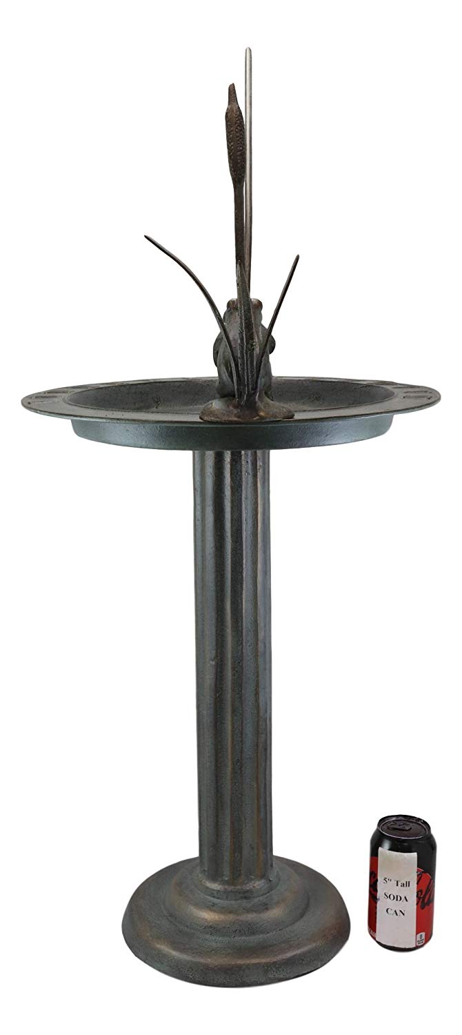 Ebros Gift Ebros Gift 34" Tall Aluminum Metal Rustic Cottage Villa Whimsical Fishing Frog By Water Lilly Column Bird Bath And Sundial Garden Decor Statue With Roman Numerals For Lawn Pool Patio Outdoors Decor