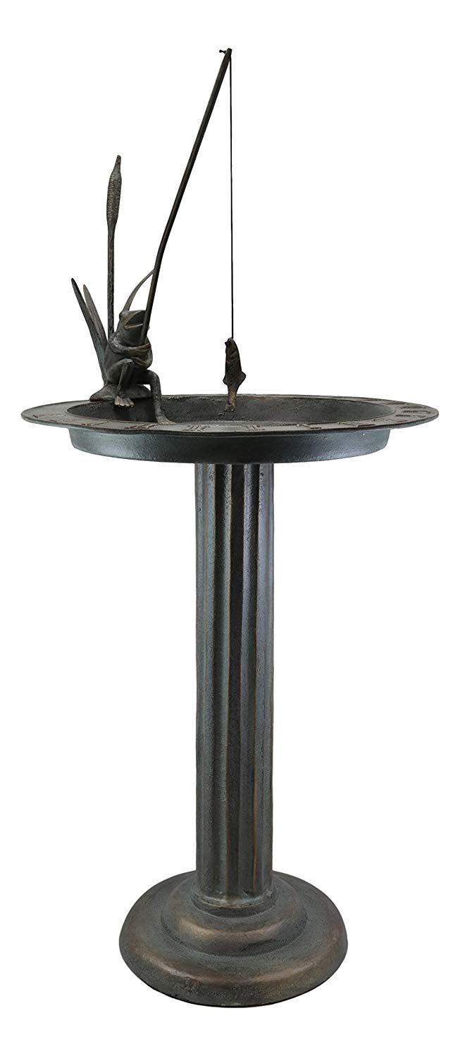 Ebros Gift Ebros Gift 34" Tall Aluminum Metal Rustic Cottage Villa Whimsical Fishing Frog By Water Lilly Column Bird Bath And Sundial Garden Decor Statue With Roman Numerals For Lawn Pool Patio Outdoors Decor