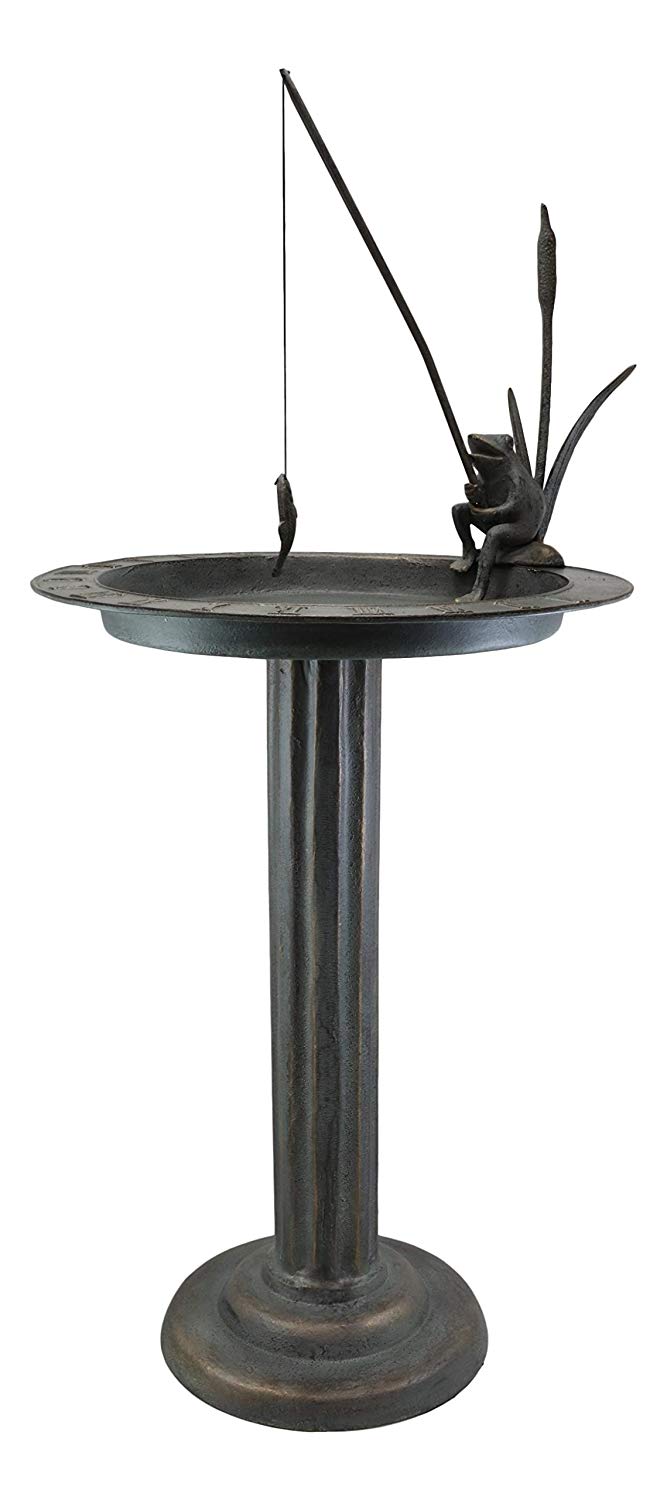 Ebros Gift Ebros Gift 34" Tall Aluminum Metal Rustic Cottage Villa Whimsical Fishing Frog By Water Lilly Column Bird Bath And Sundial Garden Decor Statue With Roman Numerals For Lawn Pool Patio Outdoors Decor