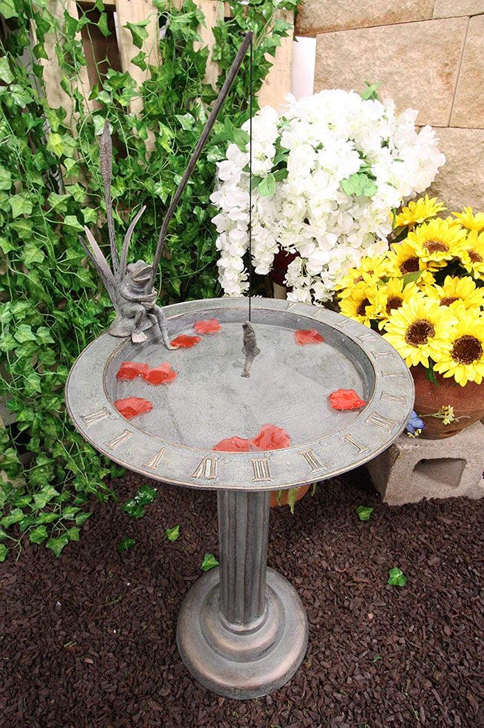 ebros gift Ebros Gift 34" Tall Aluminum Metal Rustic Cottage Villa Whimsical Fishing Frog by Water Lilly Column Bird Bath and Sundial Garden Decor Statue with Roman Numerals for Lawn Pool Patio Outdoors Decor
