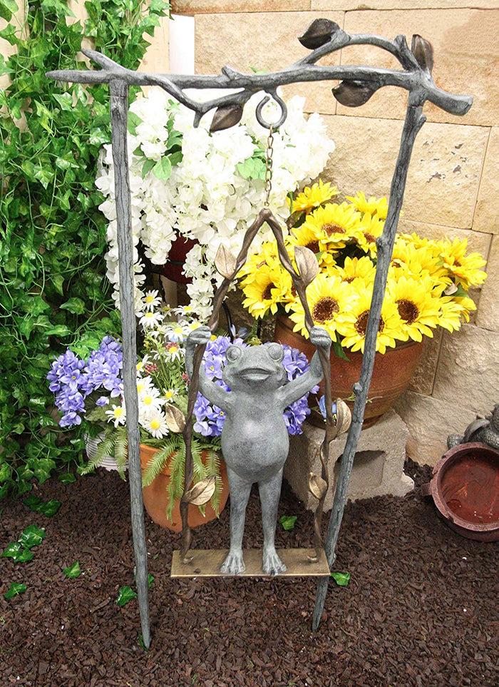 ebros gift Ebros Gift 36" Tall Aluminum Metal Whimsical Acrobatic Stunt Frog On Vine Swing Garden Stake Statue 'Child's Play' Patio Pool Pond Lawn Frogs Decorative Sculpture Accent