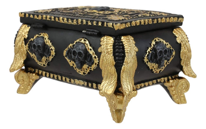 Ebros Gift Ebros Gift 5" Long Nautical Caribbean Pirate Haunted Skull Black And Gold Small Treasure Chest Decorative Box With Oval Mirror Figurine Angel Of Death Skeleton Ossuary Macabre Decor