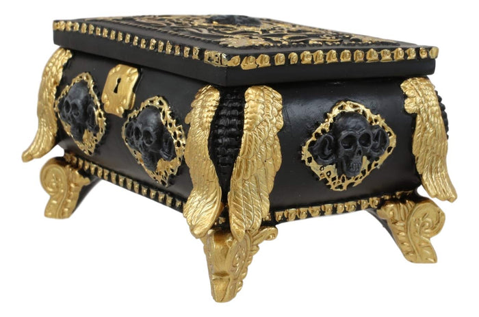 Ebros Gift Ebros Gift 5" Long Nautical Caribbean Pirate Haunted Skull Black And Gold Small Treasure Chest Decorative Box With Oval Mirror Figurine Angel Of Death Skeleton Ossuary Macabre Decor