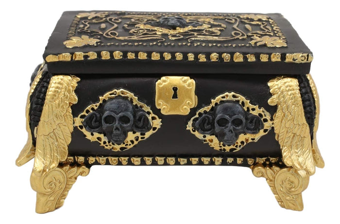Ebros Gift Ebros Gift 5" Long Nautical Caribbean Pirate Haunted Skull Black And Gold Small Treasure Chest Decorative Box With Oval Mirror Figurine Angel Of Death Skeleton Ossuary Macabre Decor