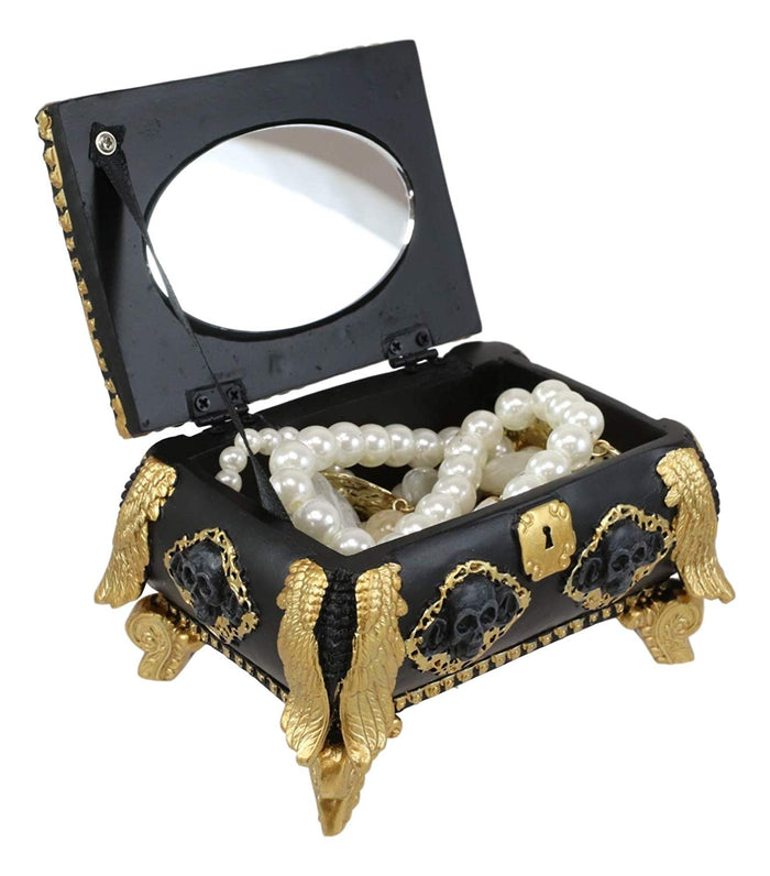 ebros gift Ebros Gift 5" Long Nautical Caribbean Pirate Haunted Skull Black and Gold Small Treasure Chest Decorative Box with Oval Mirror Figurine Angel of Death Skeleton Ossuary Macabre Decor