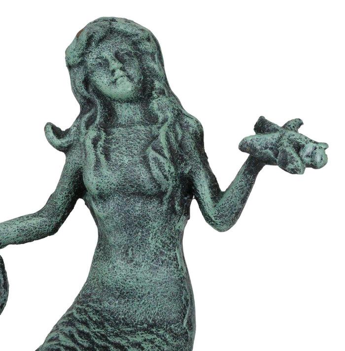 Ebros Gift Ebros Gift 6.5" Tall Nautical Siren Mermaid Holding Starfish Cast Iron Rustic Verdigris Vintage Patina Finish Statue Ocean Goddess Princess Coastal Beach Under The Sea Mermaids Decorative Accent