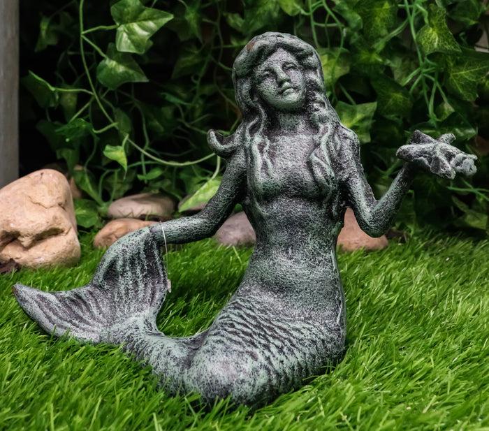 ebros gift Ebros Gift 6.5" Tall Nautical Siren Mermaid Holding Starfish Cast Iron Rustic Verdigris Vintage Patina Finish Statue Ocean Goddess Princess Coastal Beach Under The Sea Mermaids Decorative Accent