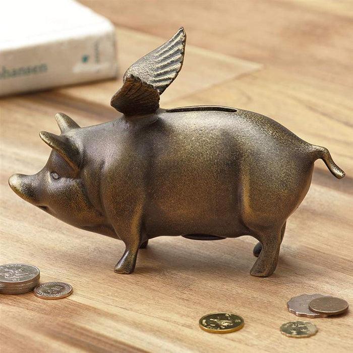 ebros gift Ebros Gift 7.25" Long Rustic Decorative Whimsical Flying Pig Money Coin Piggy Bank Aluminum Sculpture Country Farm Swines Pigs Porky Bacon Themed Savings Banks Collectible Figurine