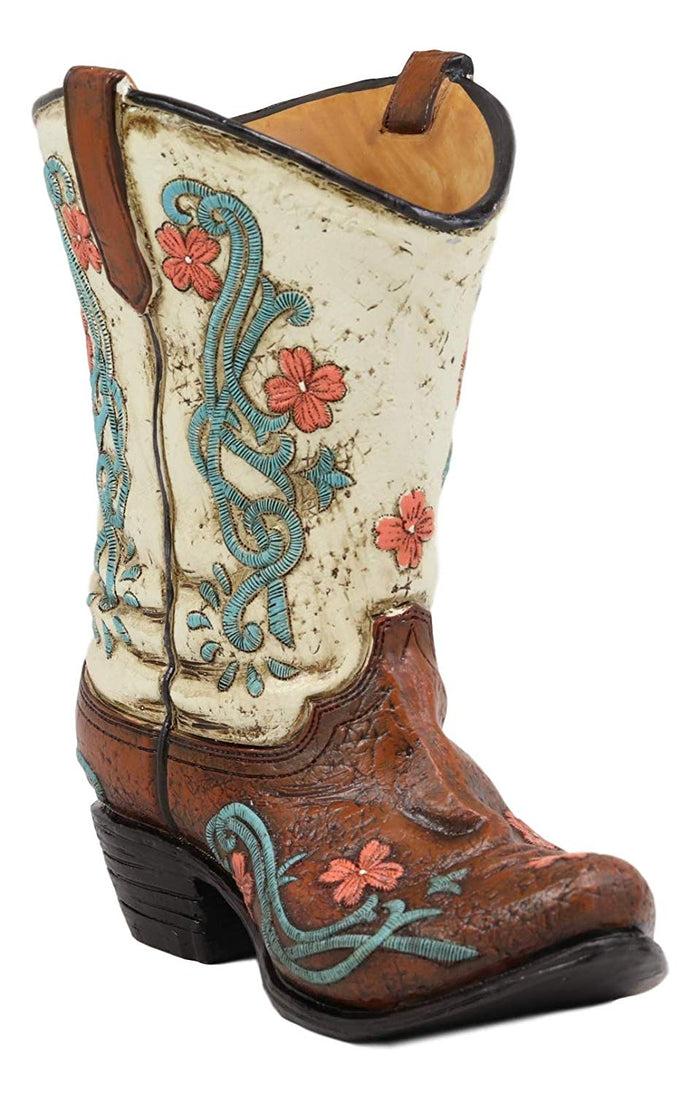 Ebros Gift Ebros Gift 7" Tall Rustic Western Cowgirl Teal White Floral Boot Decorative Figurine Holder As Flower Vase Or Stationery Pen Pencil Organizer As Home Centerpiece Statue Accent
