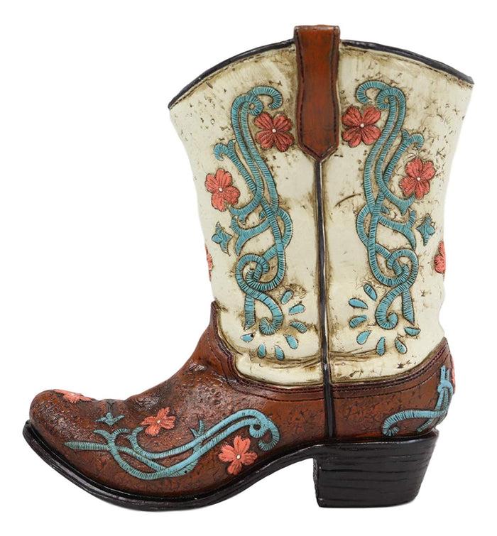 Ebros Gift Ebros Gift 7" Tall Rustic Western Cowgirl Teal White Floral Boot Decorative Figurine Holder As Flower Vase Or Stationery Pen Pencil Organizer As Home Centerpiece Statue Accent